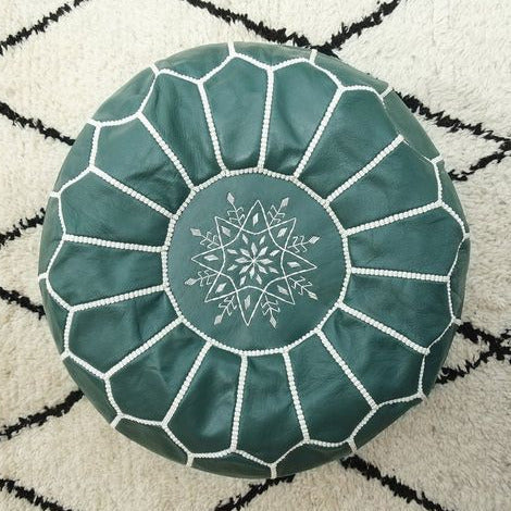 Handmade Moroccan Leather Pouf – Forest Green – front view