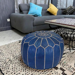 Handmade Moroccan Leather Pouf – Indigo Blue – detail view 3