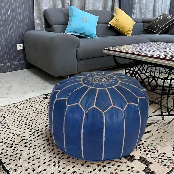 Handmade Moroccan Leather Pouf – Indigo Blue – detail view 3