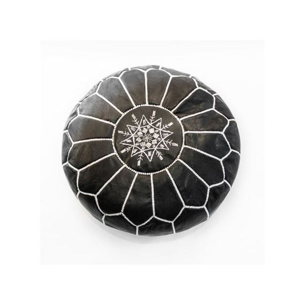 Handmade Moroccan Leather Pouf – Black with White Stitching – detail view 3