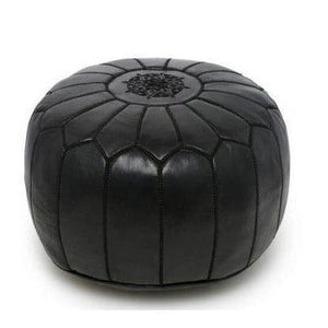 Handmade Moroccan Leather Pouf – Monochrome Black – front view
