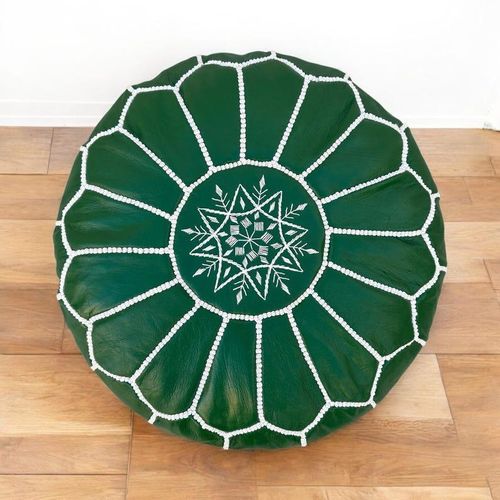 Handmade Moroccan Leather Pouf – Emerald Green – front view