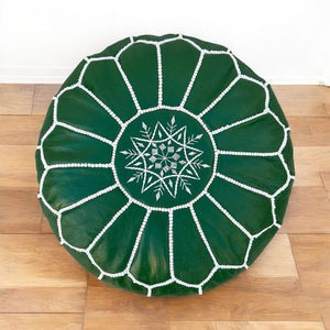 Handmade Moroccan Leather Pouf – Emerald Green – front view
