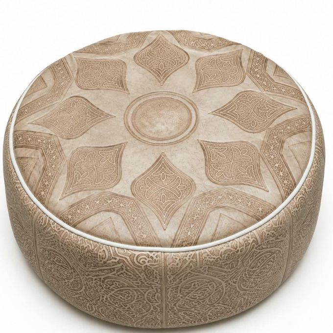 Hand-Engraved Moroccan Leather Pouf – Light Beige – front view