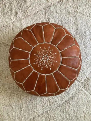 Traditional brown Moroccan leather pouf additional view