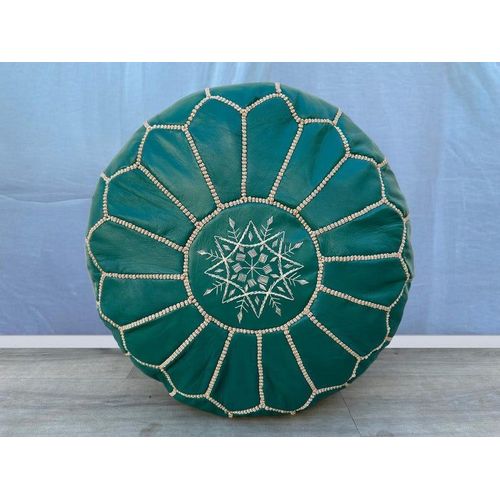 Handmade Moroccan Leather Pouf – Emerald Green – front view