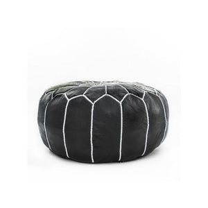 Handmade Moroccan Leather Pouf – Black with White Stitching – detail view 2
