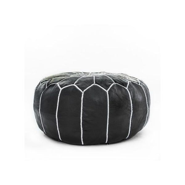 Handmade Moroccan Leather Pouf – Black with White Stitching – detail view 2