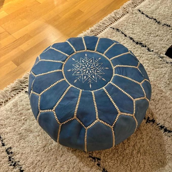 Handmade Moroccan Leather Pouf – Indigo Blue – front view