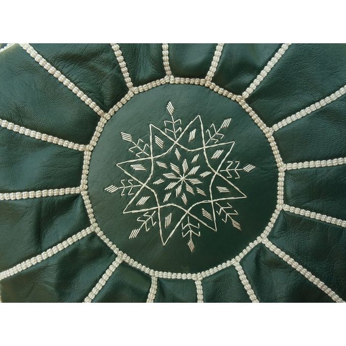 Handmade Moroccan Leather Pouf – Forest Green – front view