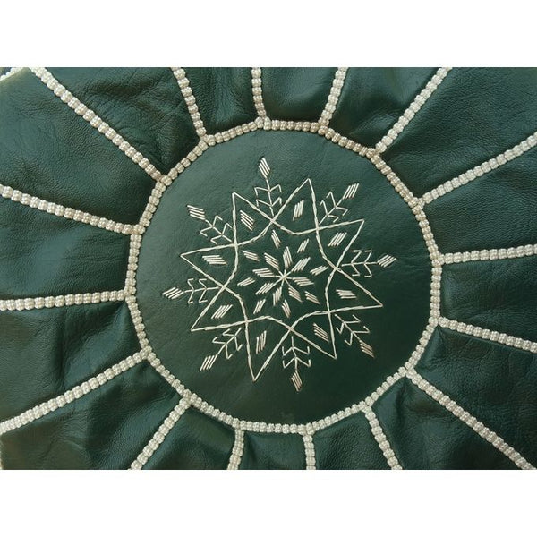 Handmade Moroccan Leather Pouf – Forest Green – detail view 2