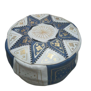 Handmade Moroccan Leather Pouf – White, Blue & Gold – detail view 4
