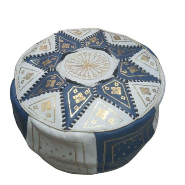 Handmade Moroccan Leather Pouf – White, Blue & Gold – detail view 4