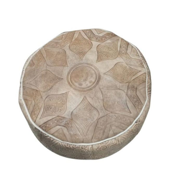 Hand-Engraved Moroccan Leather Pouf – Light Beige – detail view 3