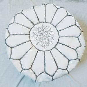 Handmade Moroccan Leather Pouf – White & Gray – detail view 2