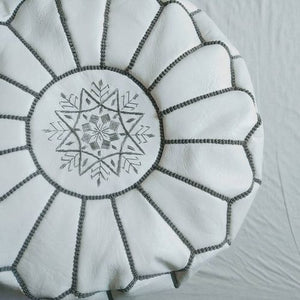 Handmade Moroccan Leather Pouf – White & Gray – detail view 3