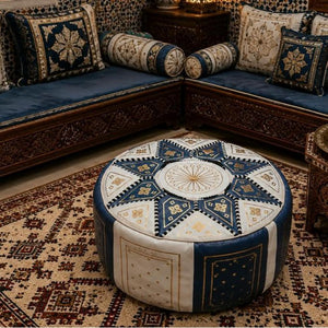 Handmade Moroccan Leather Pouf – White, Blue & Gold – detail view 3