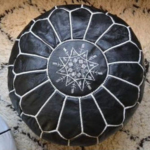 Handmade Moroccan Leather Pouf – Black with White Stitching – front view