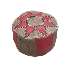 Handmade Moroccan Leather Pouf – Red & Beige – detail view 4