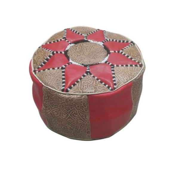 Handmade Moroccan Leather Pouf – Red & Beige – detail view 4