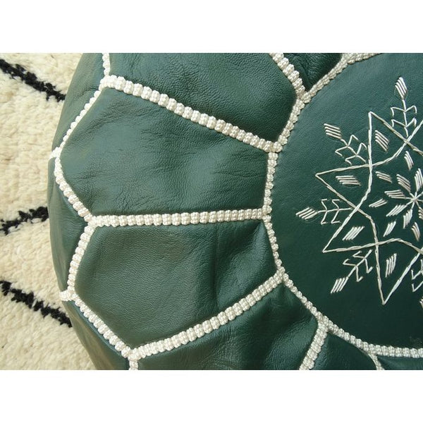 Handmade Moroccan Leather Pouf – Forest Green – detail view 3