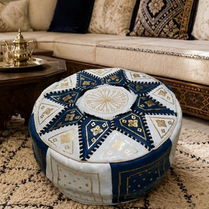 Handmade Moroccan Leather Pouf – White, Blue & Gold – detail view 2