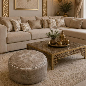 Hand-Engraved Moroccan Leather Pouf – Light Beige – detail view 2