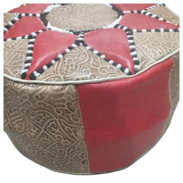 Handmade Moroccan Leather Pouf – Red & Beige – detail view 2