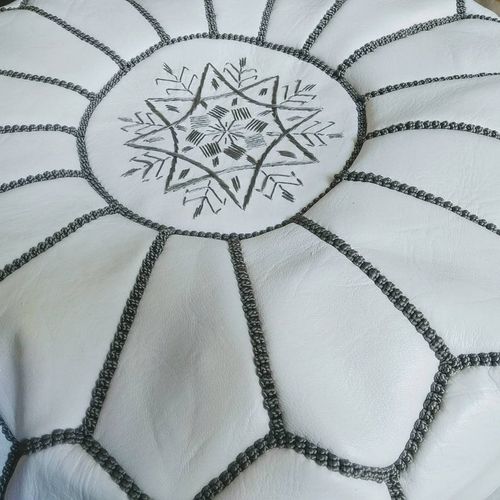 Handmade Moroccan Leather Pouf – White & Gray – detail view 4