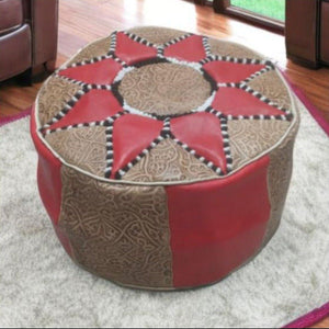 Handmade Moroccan Leather Pouf – Red & Beige – front view