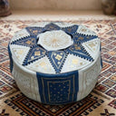 Handmade Moroccan Leather Pouf – White, Blue & Gold – front view