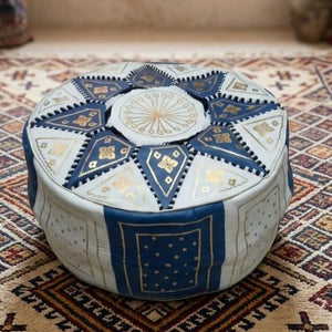 Handmade Moroccan Leather Pouf – White, Blue & Gold – front view