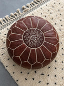 Handmade dark brown Moroccan leather ottoman pouf, supplied as an unstuffed cover