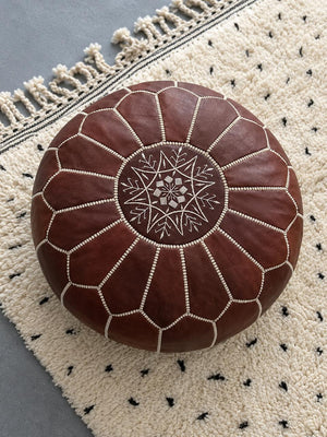 Handmade dark brown Moroccan leather ottoman pouf, supplied as an unstuffed cover