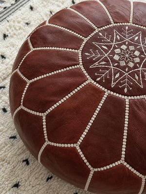 Handmade dark brown Moroccan leather ottoman pouf, supplied as an unstuffed cover