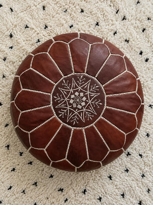 Handmade dark brown Moroccan leather ottoman pouf, supplied as an unstuffed cover