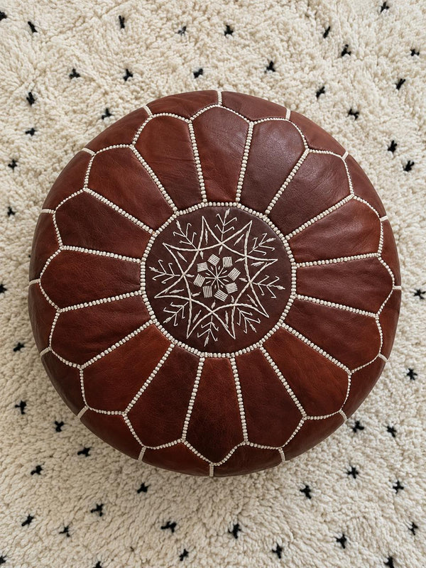 Handmade dark brown Moroccan leather ottoman pouf, supplied as an unstuffed cover