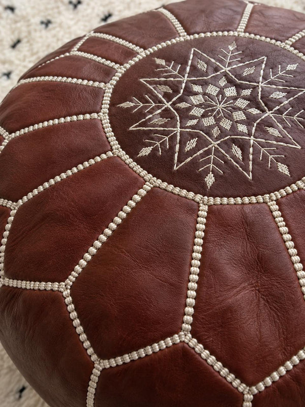 Handmade dark brown Moroccan leather ottoman pouf, supplied as an unstuffed cover