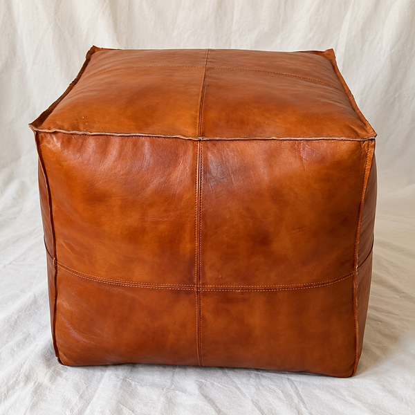 Handmade Moroccan Goatskin Leather Square Ottoman Pouf – Brown – front view