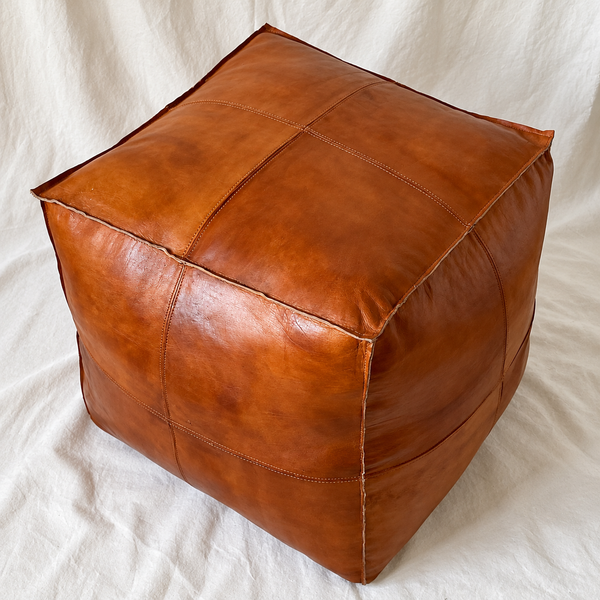 Handmade Moroccan Goatskin Leather Square Ottoman Pouf – Brown – top view