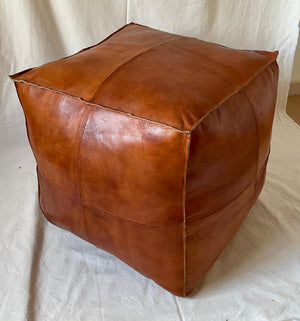 Handmade Moroccan Goatskin Leather Square Ottoman Pouf – Brown – original three-quarter view