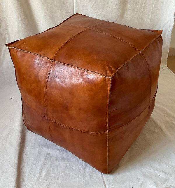 Handmade Moroccan Goatskin Leather Square Ottoman Pouf – Brown – original three-quarter view