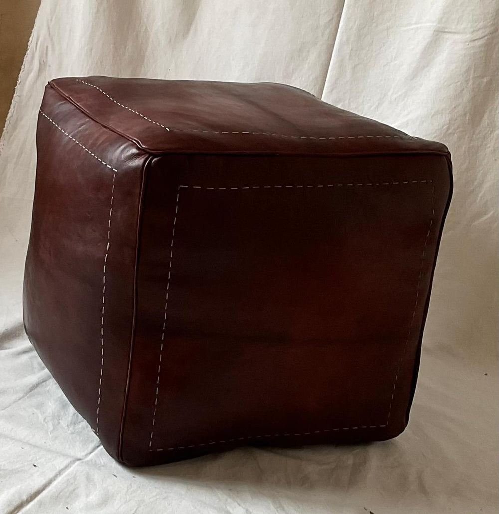 Handmade Moroccan Goatskin Leather Square Ottoman Pouf – Dark Brown – original three-quarter view