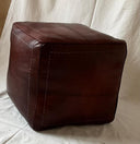 Handmade Moroccan Goatskin Leather Square Ottoman Pouf – Dark Brown – original three-quarter view