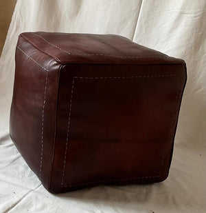 Handmade Moroccan Goatskin Leather Square Ottoman Pouf – Dark Brown – original three-quarter view