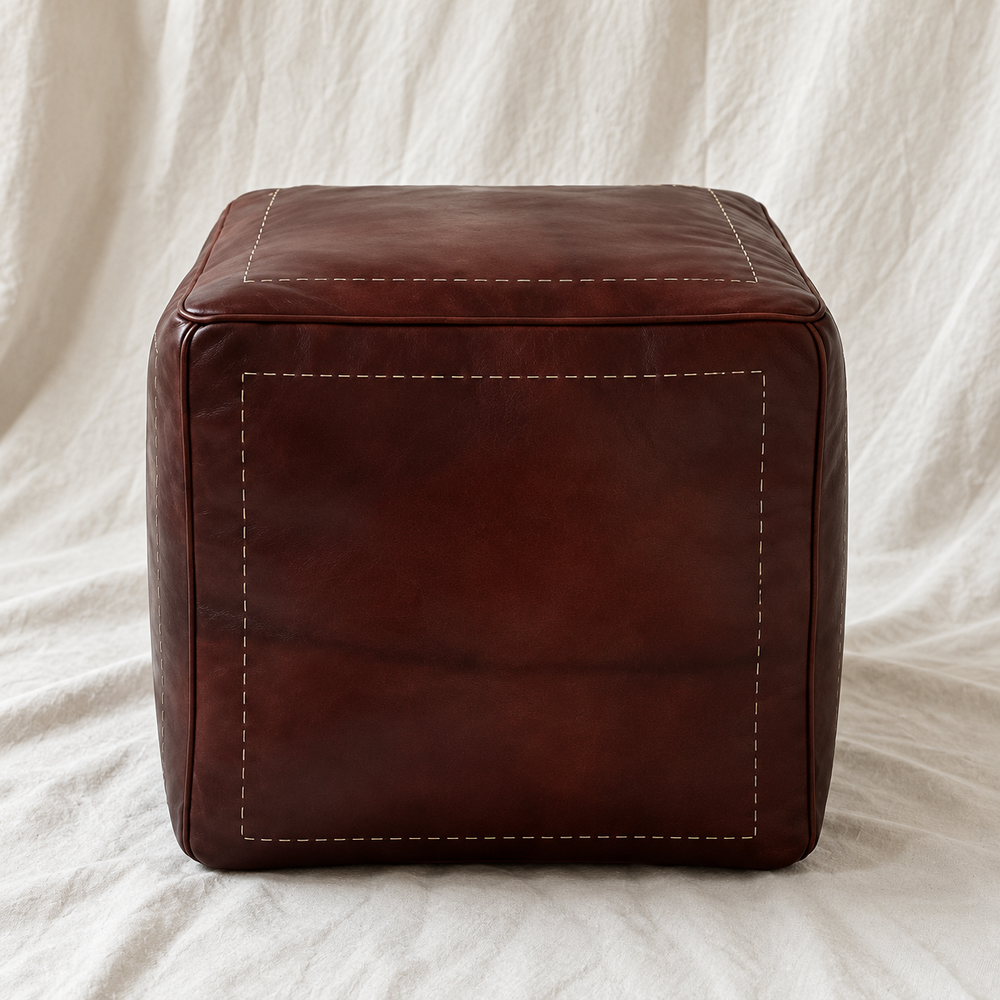 Handmade Moroccan Goatskin Leather Square Ottoman Pouf – Dark Brown – original three-quarter view