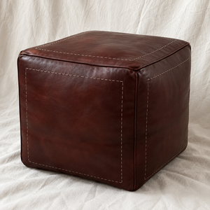 Handmade Moroccan Goatskin Leather Square Ottoman Pouf – Dark Brown – three-quarter view