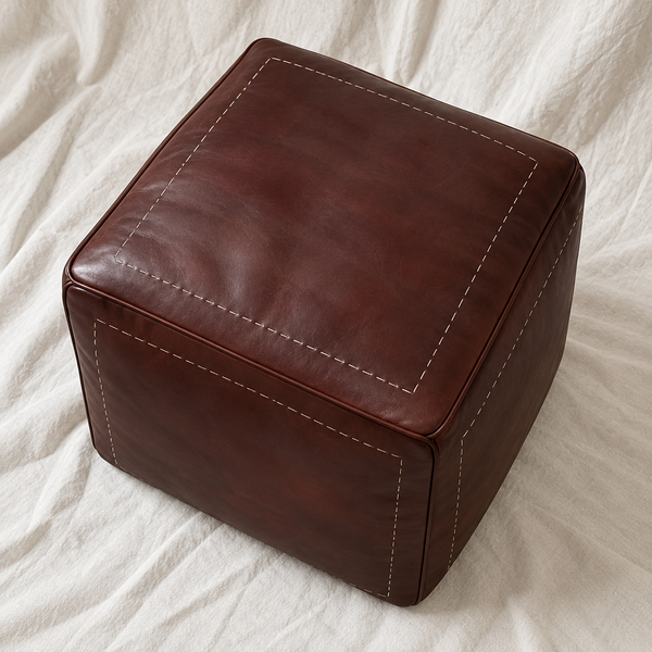 Handmade Moroccan Goatskin Leather Square Ottoman Pouf – Dark Brown – top view