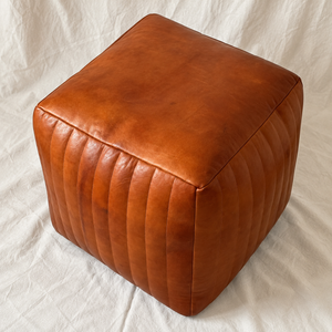 Handmade Moroccan Goatskin Leather Square Ottoman Pouf – Ribbed Brown – top view