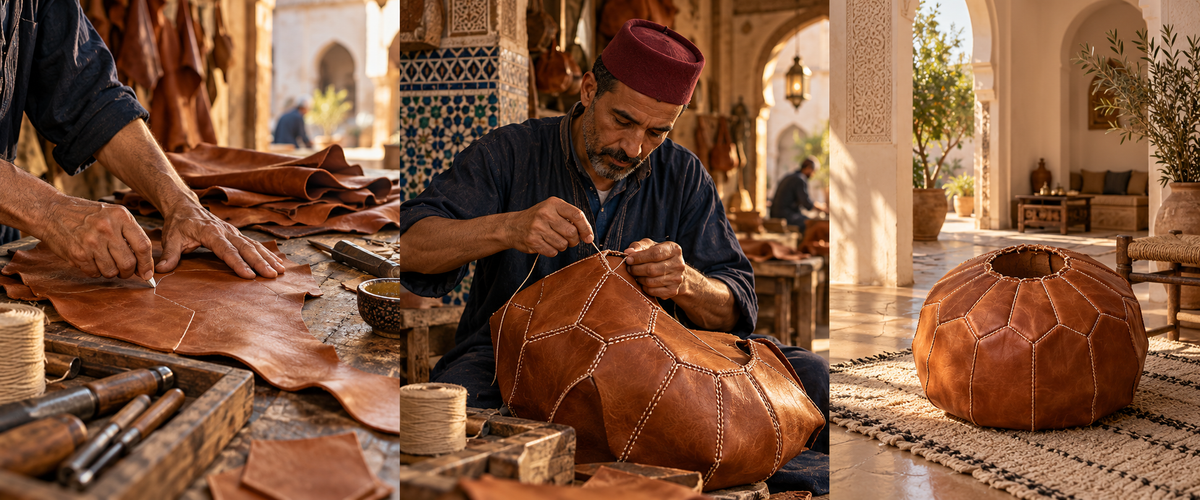 A Moroccan artisan selects, cuts and hand-stitches leather before a finished pouf reaches a sunlit riad